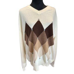 Hathaway Platinum Men's 100% Cashmere Cream Brown Argyle V-Neck Sweater